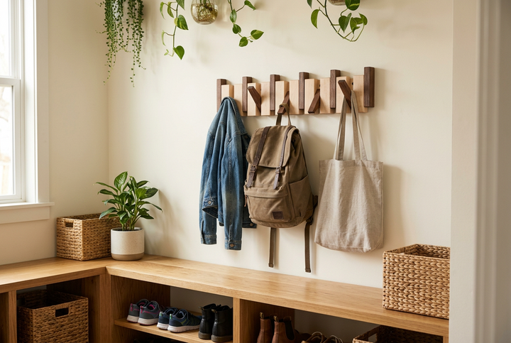 Wooden hook rack in an entryway holding a denim jacket, canvas backpack and linen tote above a shoe bench 1