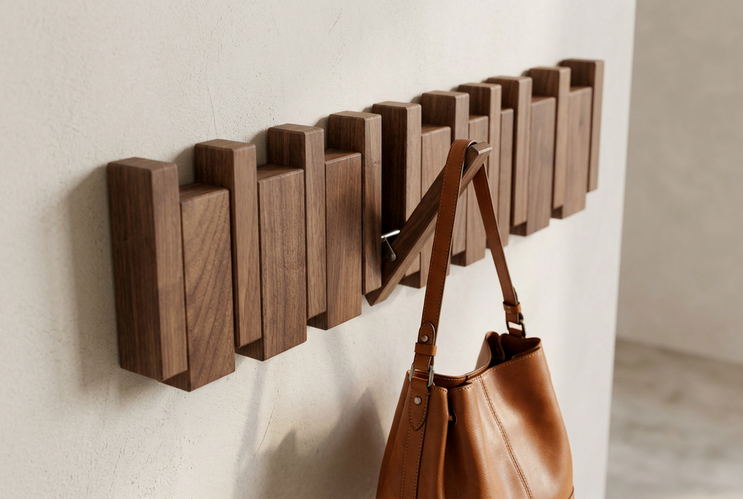 Close-up of walnut rack with one hook folded out holding a tan leather bag by its strap 12