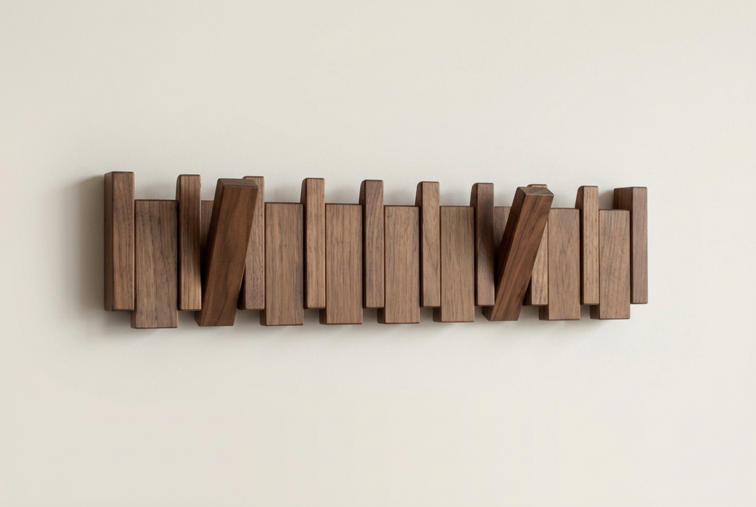 All-walnut rack with staggered slats and two angled hooks pulled out 12