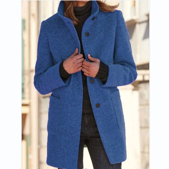 Wool coat with button closure for women - Eva-Dark Blue-S-Nora Luxe