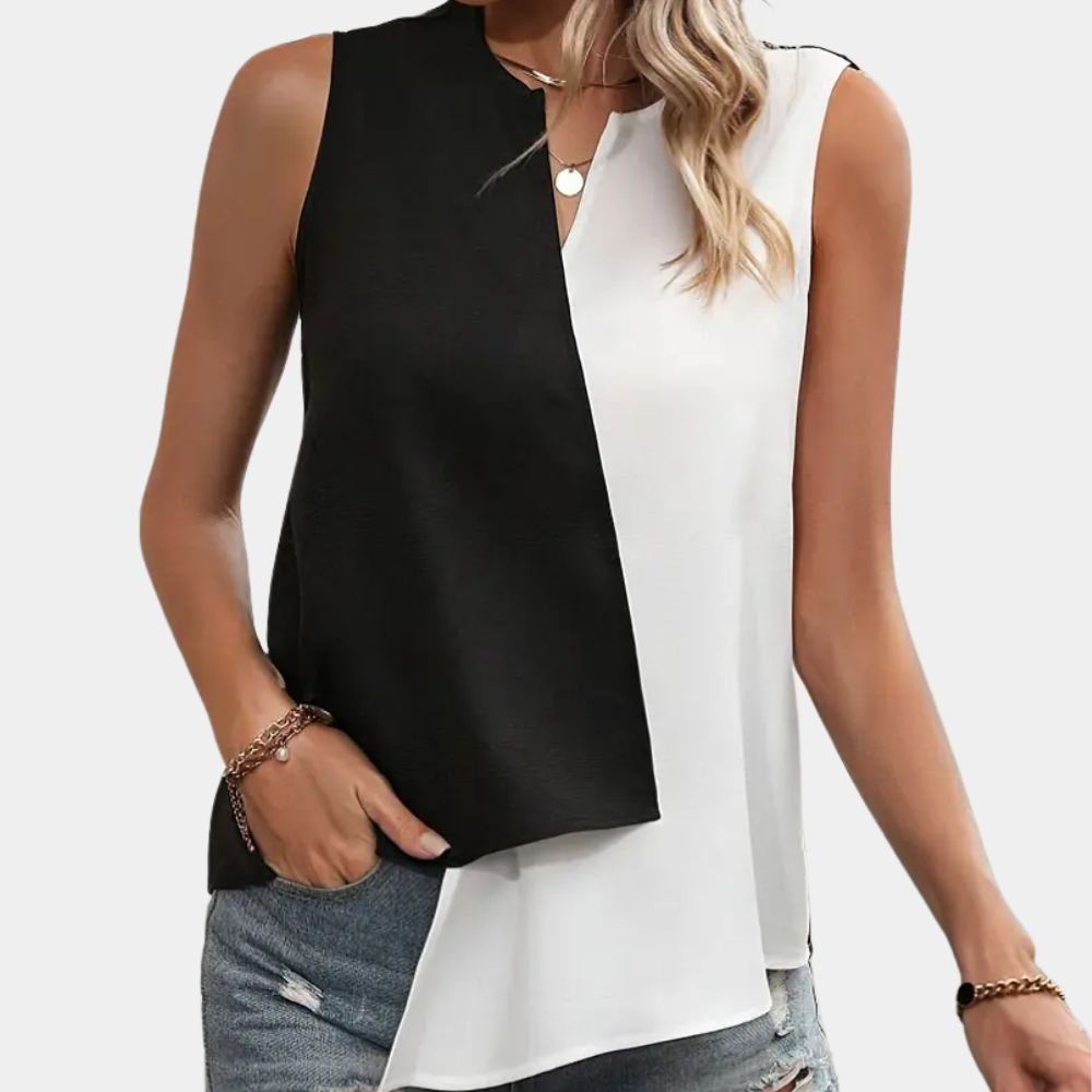 Ärmellose Damenbluse, schwarz-weiß, asymmetrisch, lässig, Sommermode, Baumwolle.